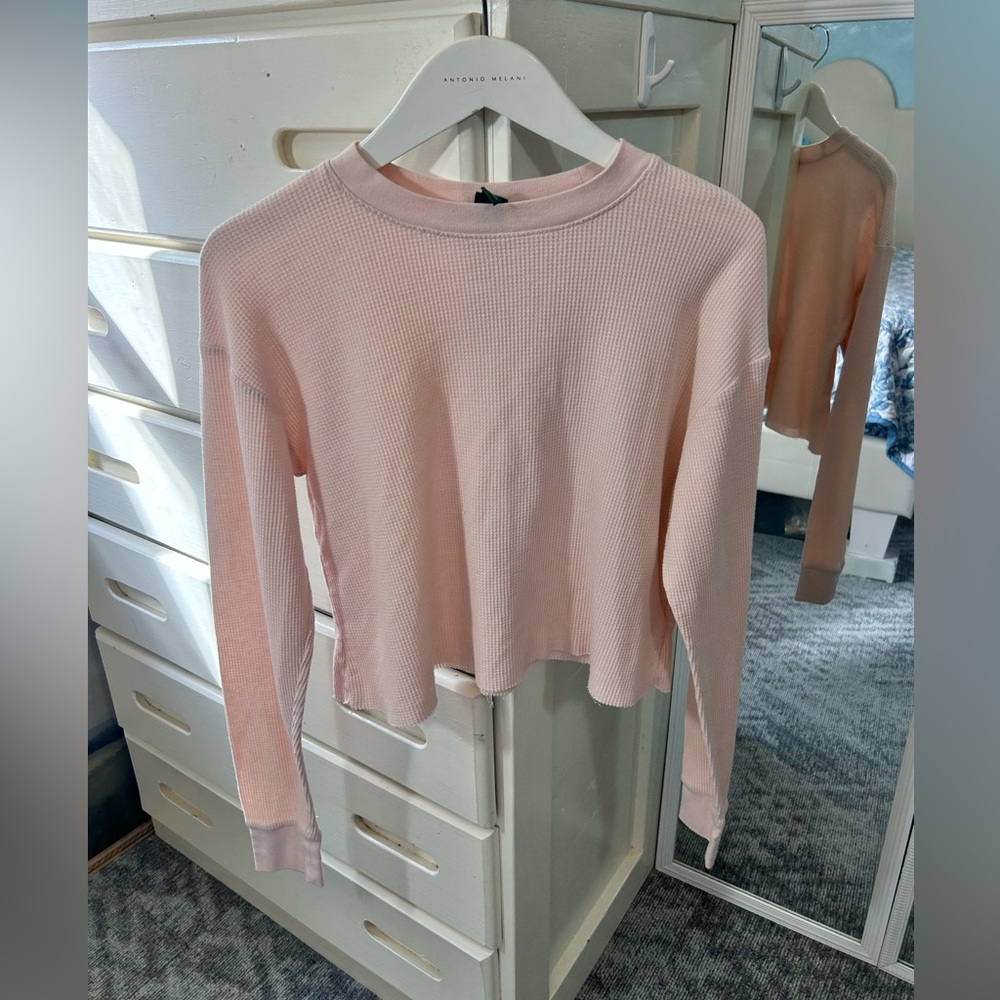 Waffle Knit Light Pink Thermal Long Sleeve Raw Hem Crew Neck Base Layer Top✨